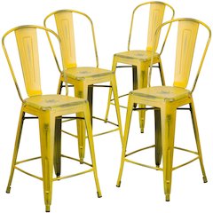 4 Pk. 24'' High Distressed Yellow Metal Indoor Counter Height Stool with Back
