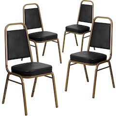 4 Pk. Stacking Chair with Black Vinyl and 2.5'' Thick Seat - Gold Frame