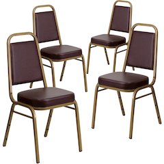 4 Pk. Stacking Chair with Brown Vinyl and 2.5'' Thick Seat - Gold Frame