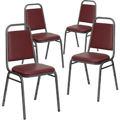 4 Pk Stacking Chair with Burgundy Vinyl and 1.5'' Thick Seat - Silver Vein Frame
