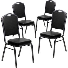 4 Pk. Stacking Chair with Black Vinyl and 2.5'' Thick Seat - Silver Vein Frame