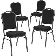 4 Pk. Stacking Chair with Black Patterned Fabric - Silver Vein Frame