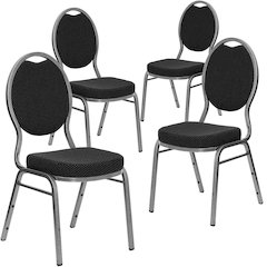 4 Pk. Stacking Chair with Black Patterned Fabric - Silver Vein Frame
