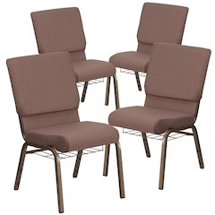 4 Pk. 18.5''W Brown Dot Fabric Church Chair, Book Rack - Gold Vein Frame