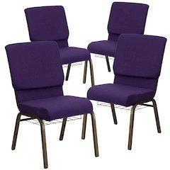 4 Pk. 18.5''W Royal Purple Fabric Church Chair, Cup Book Rack - Gold Vein Frame