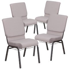4 Pk. 18.5''W Gray Dot Fabric Church Chair, Book Rack - Silver Vein Frame
