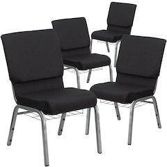 4 Pk. 18.5''W Black Fabric Church Chair, Cup Book Rack - Silver Vein Frame