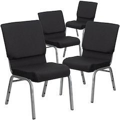 4 Pk. 18.5''W Black Patterned Fabric Stacking Church Chair - Silver Vein Frame