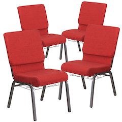 4 Pk. 18.5''W Red Fabric Church Chair, Cup Book Rack - Silver Vein Frame