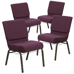 4 Pk. 21'' Extra Wide Plum Fabric Church Chair, Cup Book Rack - Gold Vein Frame