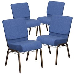 4 Pk. 21'' Wide Blue Fabric Church Chair, Cup Book Rack - Gold Vein Frame