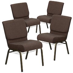 4 Pk. 21'' Extra Wide Brown Fabric Church Chair, Cup Book Rack - Gold Vein Frame
