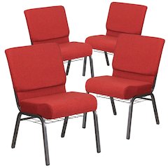 4 Pk. 21'' Wide Crimson Fabric Church Chair, Cup Book Rack - Silver Vein Frame