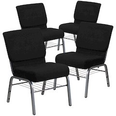 4 Pk. 21'' Black Fabric Church Chair, Book Rack - Silver Vein Frame