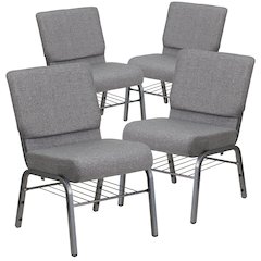 4 Pk. 21'' Gray Fabric Church Chair, Book Rack - Silver Vein Frame