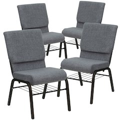 4 Pk. 18.5''W Gray Fabric Church Chair, Book Rack - Gold Vein Frame