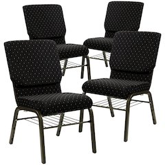 4 Pk. 18.5''W Black Dot Fabric Church Chair, Book Rack - Gold Vein Frame