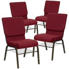 4 Pk. 18.5''W Burgundy Fabric Church Chair, Book Rack - Gold Vein Frame