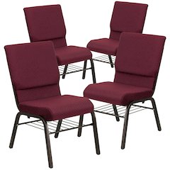 4 Pk. 18.5''W Burgundy Fabric Church Chair, Book Rack - Gold Vein Frame