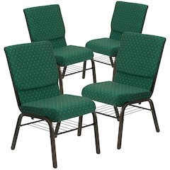 4 Pk. 18.5''W Green Patterned Fabric Church Chair, Book Rack - Gold Vein Frame