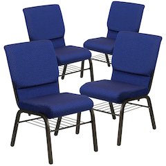 4 Pk. 18.5''W Navy Blue Fabric Church Chair, Book Rack - Gold Vein Frame