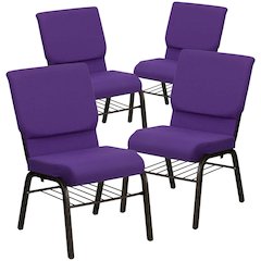 4 Pk. 18.5''W Purple Fabric Church Chair, Book Rack - Gold Vein Frame