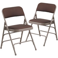 Curved Triple Braced & Double Hinged Brown Patterned Fabric Metal Folding Chair