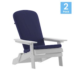 Set of 2Folding Adirondack Chairs in White with Blue Cushions, Porch, and Patio