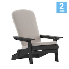 Set of 2Folding Adirondack Chairs in Black with Cream Cushions, Porch, and Patio
