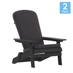 Set of 2Folding Adirondack Chairs in Black with Gray Cushions, Porch, and Patio