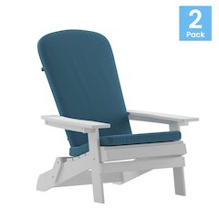 Set of 2Folding Adirondack Chairs in White with Teal Cushions, Porch, and Patio