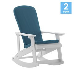 Set of 2 Adirondack Rocking Chairs in White with Teal Cushions, Porch, and Patio