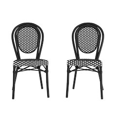 2 Pack Bistro Stacking Chair, Black and White Rattan and Black Aluminum Frame