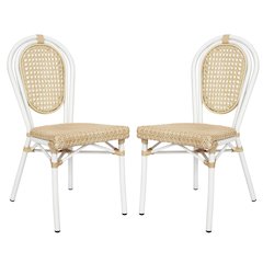 2 Pack Bistro Stacking Chair, Natural PE Cane Rattan and White Aluminum Frame
