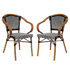 Set of 2 Classic Commercial Grade Bistro Chairs, Black & White/Natural Frame