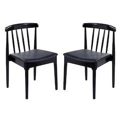 Set of 2 Black Dining Chairs with Curved Spindle Backrests, Black Vinyl Seats
