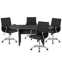 5 Piece Gray Conference Table Set with 4 Black and Chrome Executive Chairs