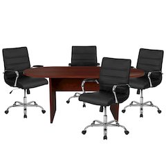 5 Piece Mahogany Conference Table Set with 4 Black and Chrome Executive Chairs