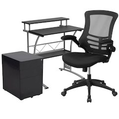 Work From Home Kit - Black Computer Desk, Ergonomic Mesh Office Chair and Locking Mobile Filing Cabinet with Side Handles