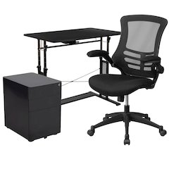 Work From Home Kit - Adjustable Computer Desk, Ergonomic Mesh Office Chair and Locking Mobile Filing Cabinet with Side Handles