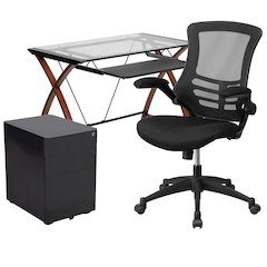 Glass Desk with Keyboard Tray, Mesh Office Chair and Filing Cabinet