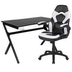 Black Gaming Desk and White/Black Racing Chair Set