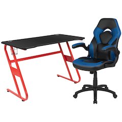 Red Gaming Desk and Blue/Black Racing Chair Set
