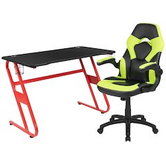 Red Gaming Desk and Green/Black Racing Chair Set