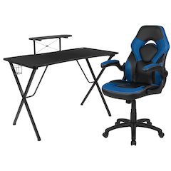 Black Gaming Desk and Blue/Black Racing Chair Set