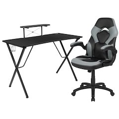 Black Gaming Desk and Gray/Black Racing Chair Set