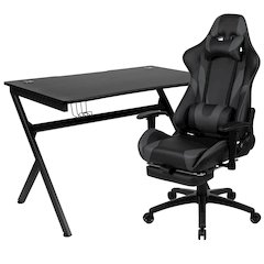 Black Gaming Desk and Gray Footrest Reclining Gaming Chair Set