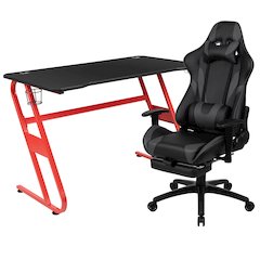Red Gaming Desk with Cup Holder/Headphone Hook & Gray Reclining Gaming Chair