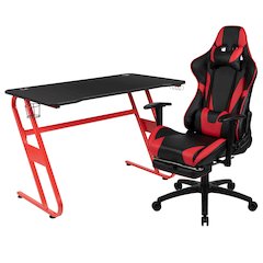 Red Gaming Desk and Red/Black Footrest Reclining Gaming Chair Set
