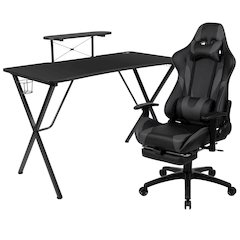 Black Gaming Desk/Headphone Hook and Monitor/Smartphone Stand, Gray Gaming Chair